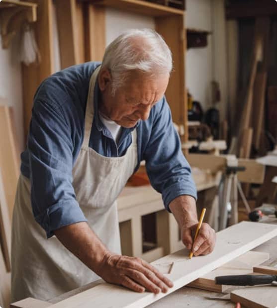 Carpinteiro idoso trabalhando em sua oficina, curvado sobre uma bancada de madeira enquanto desenha ou marca medidas em uma peça de madeira com um lápis